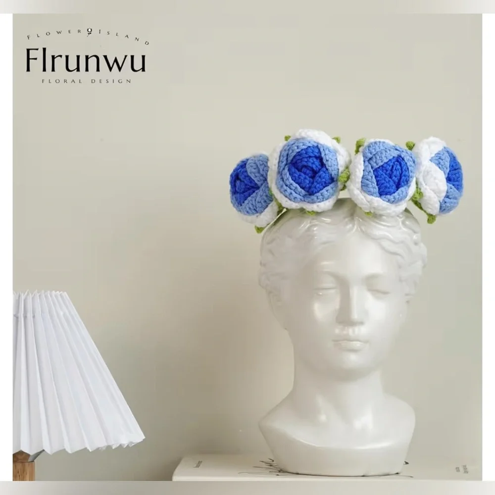 NEW 9 Pcs Artificial Flowers Crochet Handmade Rose (Rose Blue)